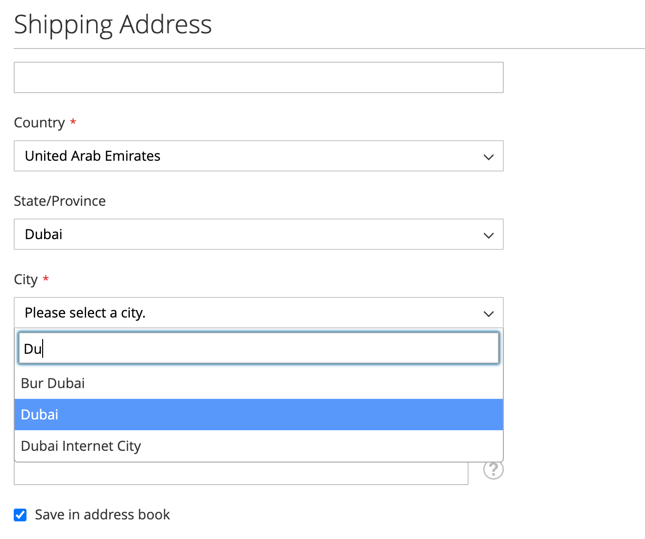 Customer Address City Dropdown with Search Option