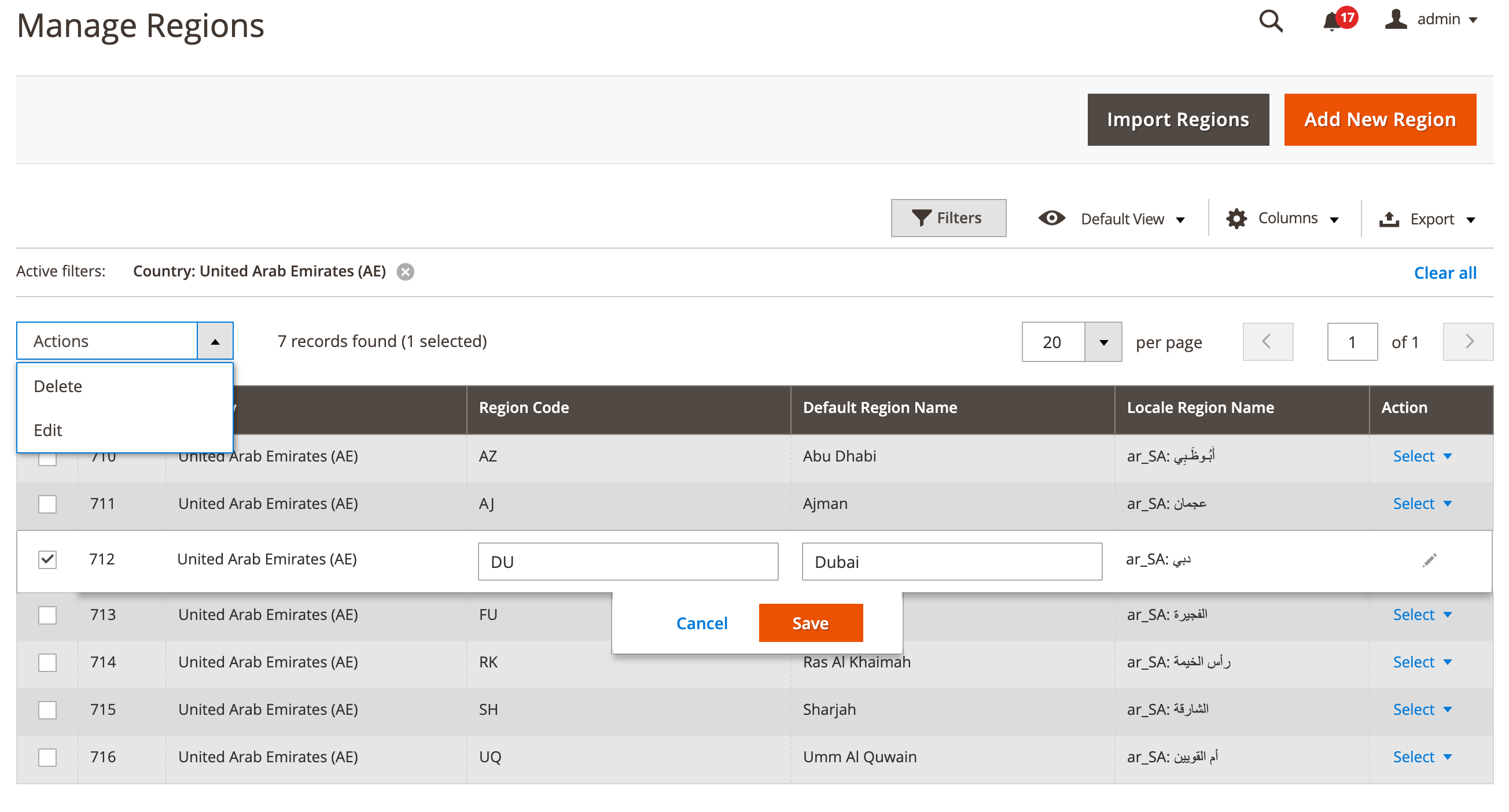 M2 Region City Dropdown - Region Grid Actions