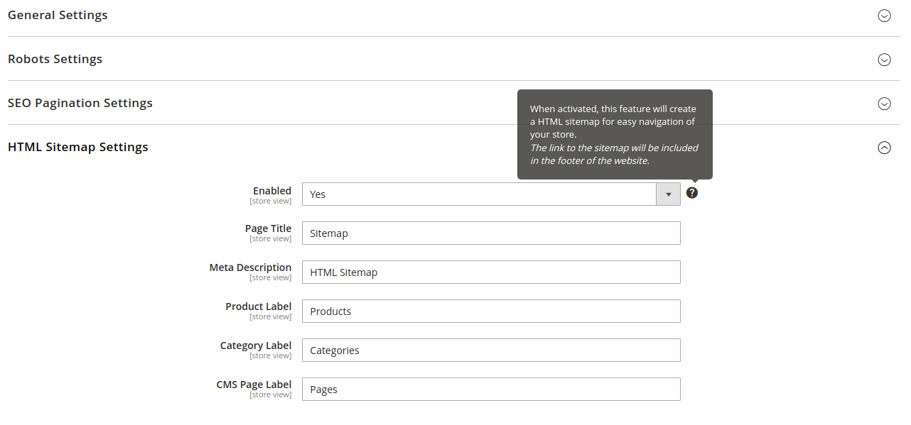 Magento 2 SEO Suite admin panel HTML sitemap configuration settings