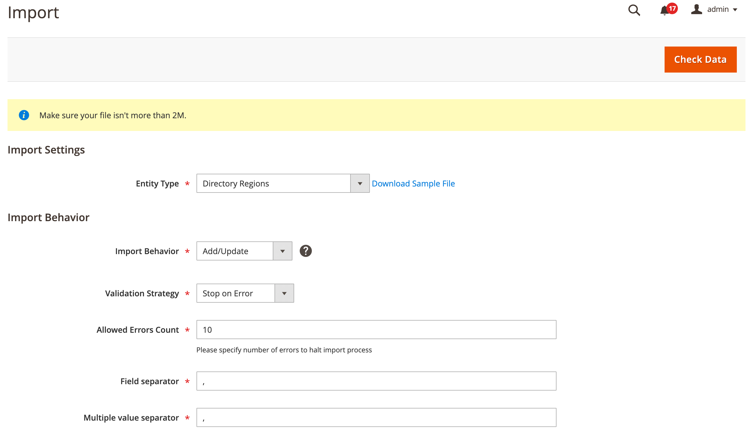 M2 Region City Dropdown - Import Regions via CSV File