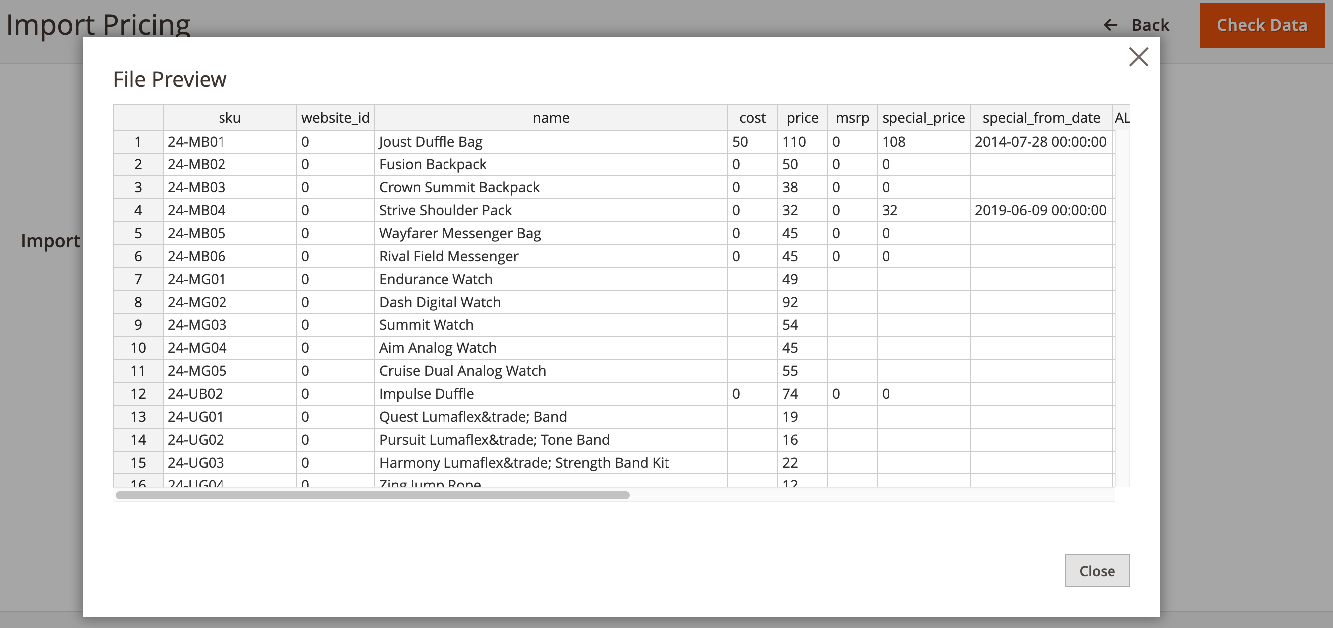 Magento 2 Price Importer - CSV File Preview